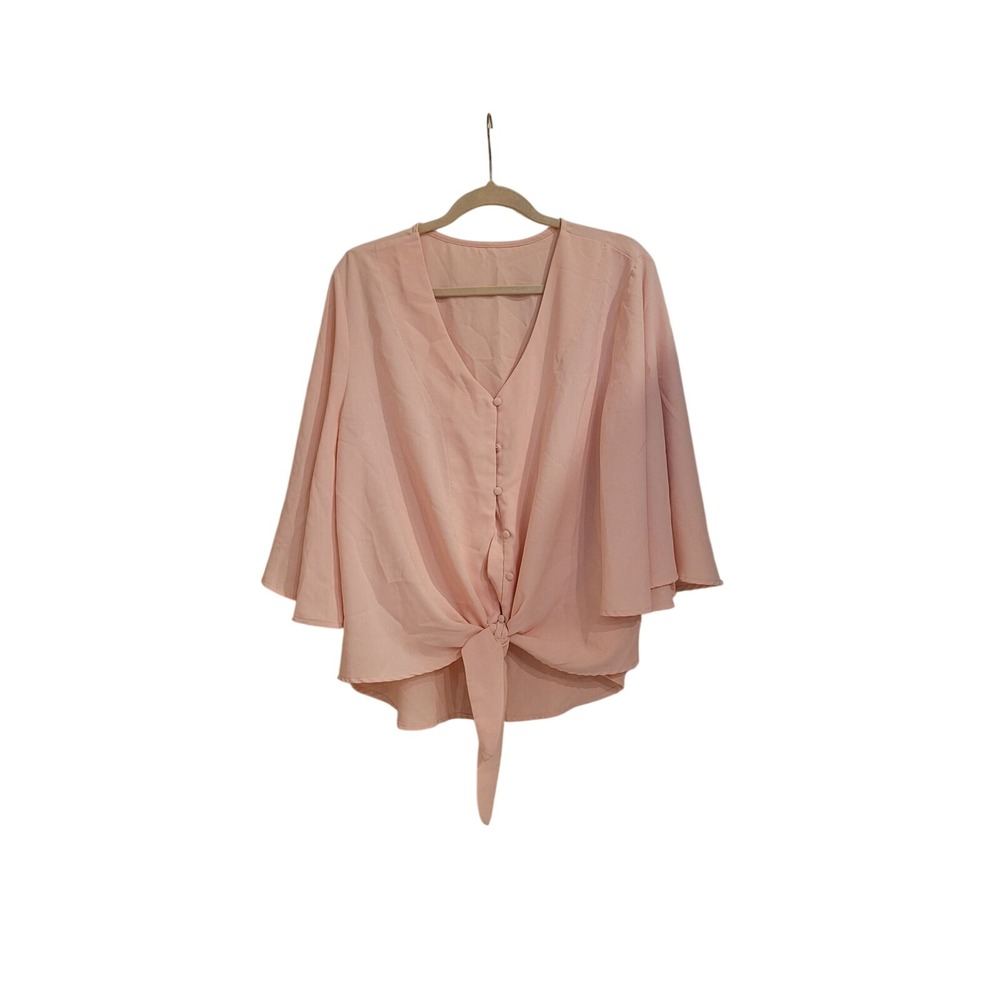 Peach‎ Pink Bell Sleeve Tie Front Button Up Blouse V-Neck Top 2XL